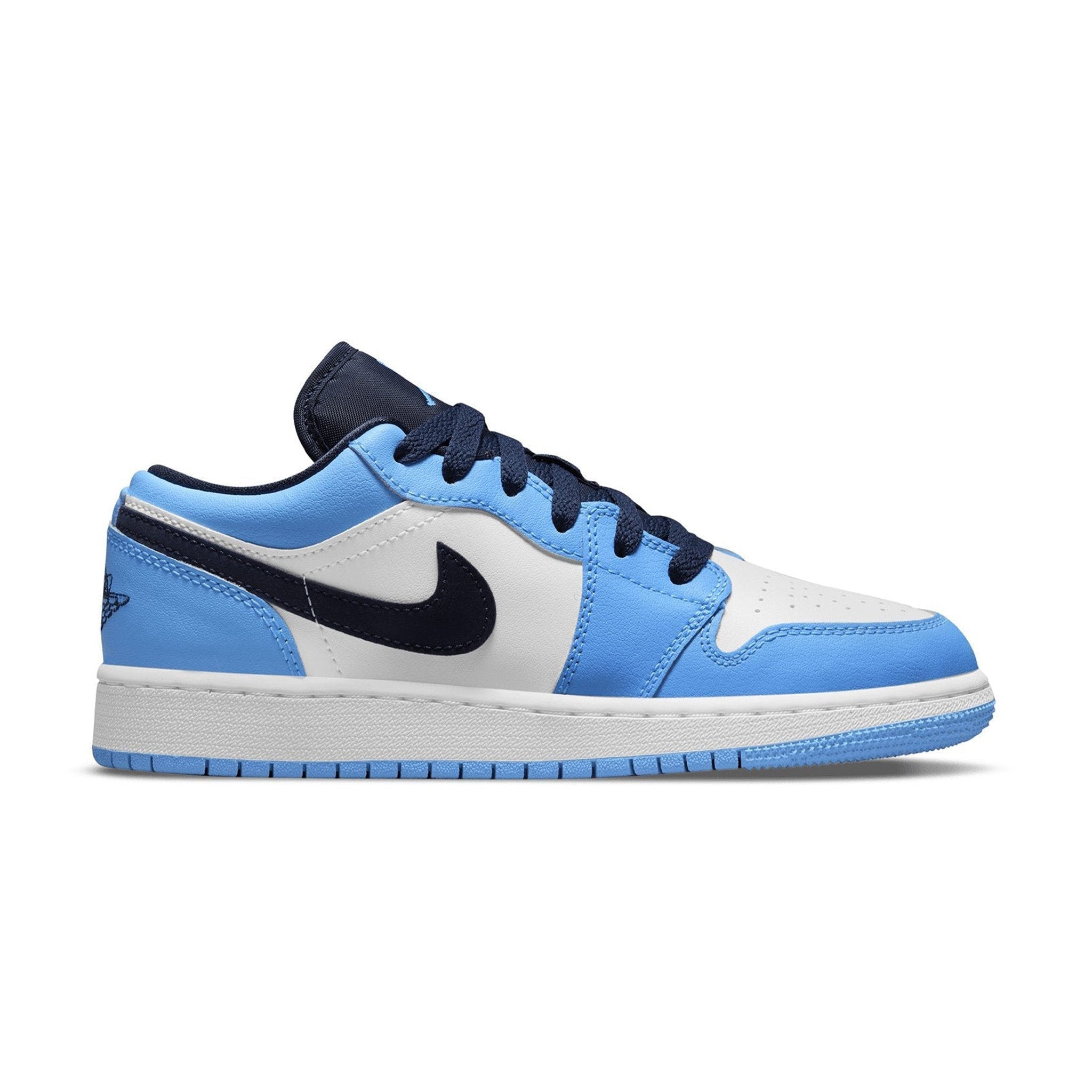 Side view of Image of Air Jordan 1 Low UNC University Blue (GS)Sole view of Air Jordan 1 Low UNC University Blue (GS) 553560-144